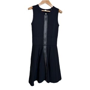 A.L.C. Black Ribbed Knit Full Zip Front Leather Trim Fit Flare Dress XS